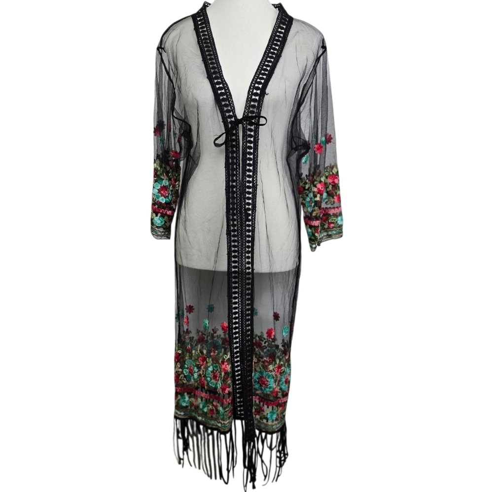 Asha Sheer Black Embroidered Kimono Robe Sz L Boho Festival Duster Floral Fringe